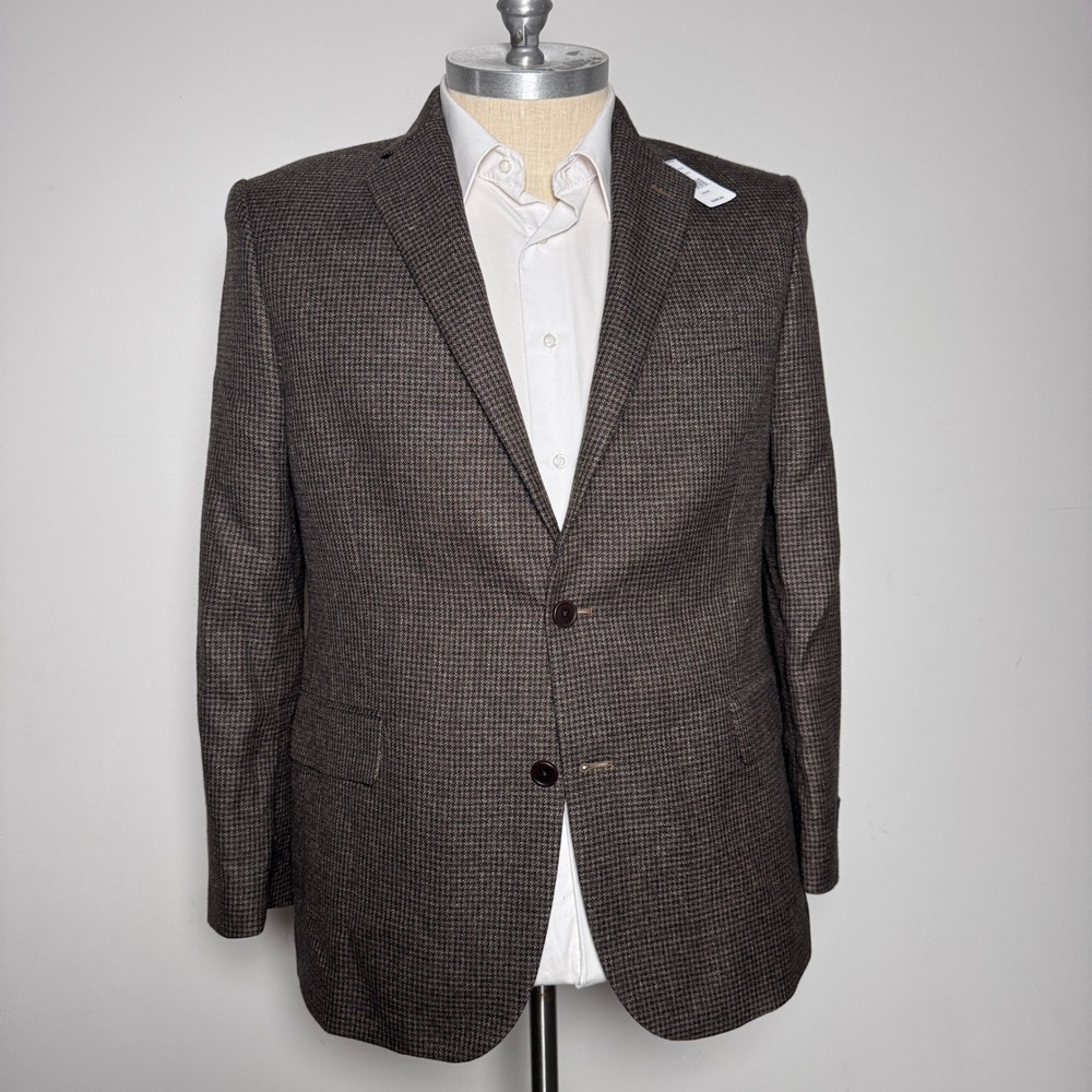 Brooks Brothers Sport Coat Mens 44R Brown Blue Houndstooth Wool Linen Blazer